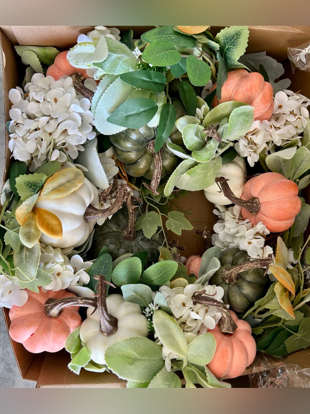 New Fall Pumpkin & Hydrangea garland Peach, White, Green boho farmhouse